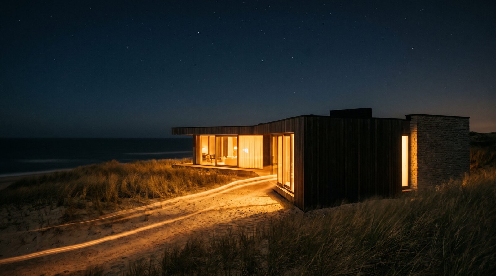 Duinstilte bij nacht, met warm licht dat vanuit de ramen over het duinzand valt.