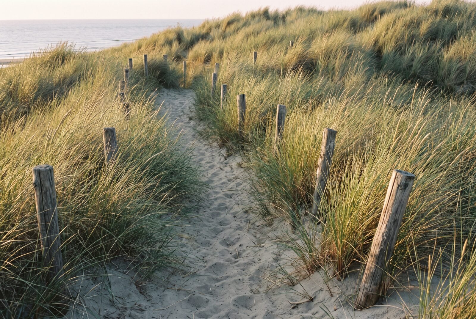 Zandpad door hoog helmgras over het duin naar zee, in laag avondlicht.
