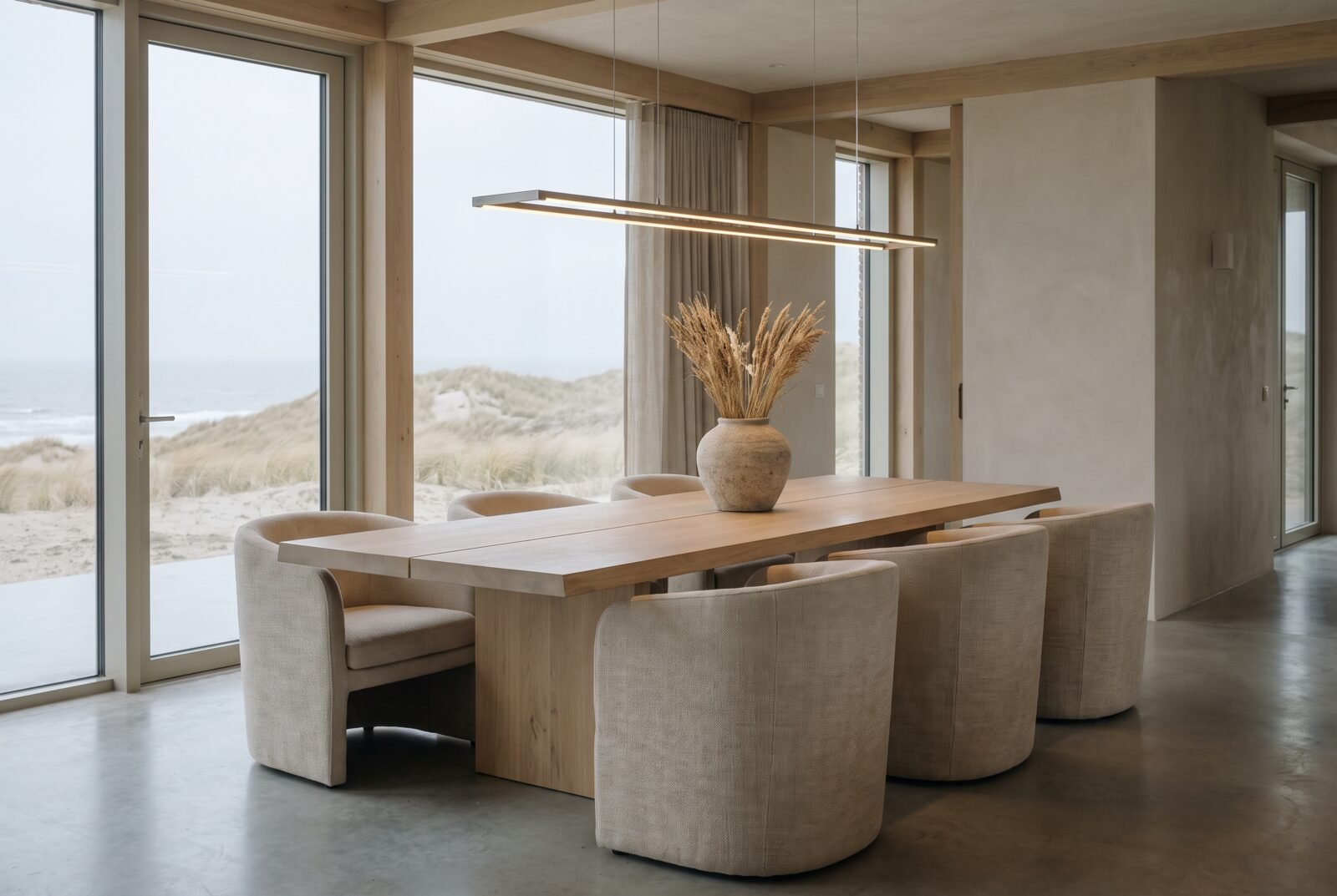 Lange eiken eettafel met linnen stoelen langs een glaswand met uitzicht op de duinen.