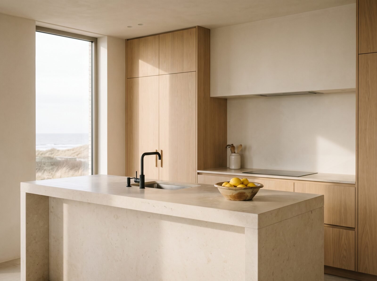 Minimalistische keuken met eiken fronten zonder grepen en een massief kalkstenen kookeiland.